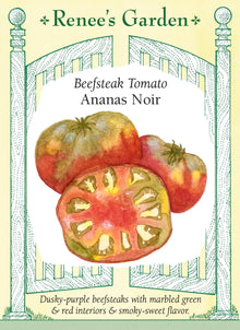Visuel officiel de Renee's Garden pour les semences « Tomate ‘Ananas Noir’ », référence RN5732. Cette sélection belge porte de gros fruits côtelés, à peau vert sombre teintée de pourpre et de bronze. La chair vert lime présente des marbrures rouges. Le semencier indique des fruits pouvant approcher 450 g (1 lb), sur des plants indéterminés. La maturité est décrite comme intermédiaire à tardive.
