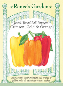 Visuel officiel de Renee's Garden pour les semences « Poivrons en mélange Jewel Tone Bells », référence RN5740. Ce mélange associe ‘Cougar Red’, ‘Tabby’ et ‘Oreny’, dont les fruits mûrs sont rouges, jaunes ou orange. Les poivrons sont décrits comme charnus et juteux. Le semencier distingue les graines vertes de ‘Cougar Red’, non colorées de ‘Tabby’ et roses de ‘Oreny’. Chaque variété conserve sa couleur finale propre.