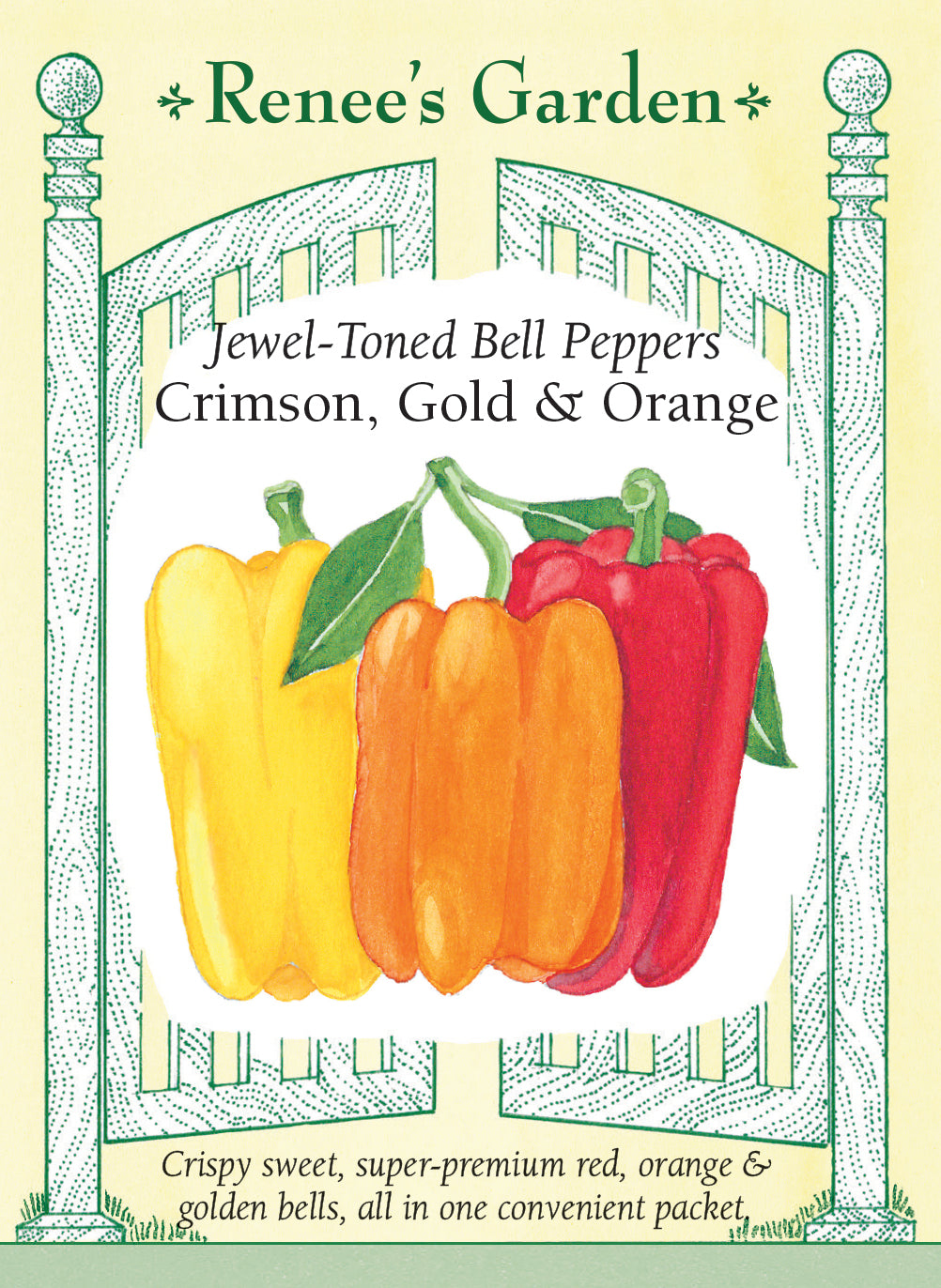 Visuel officiel de Renee's Garden pour les semences « Poivrons en mélange Jewel Tone Bells », référence RN5740. Ce mélange associe ‘Cougar Red’, ‘Tabby’ et ‘Oreny’, dont les fruits mûrs sont rouges, jaunes ou orange. Les poivrons sont décrits comme charnus et juteux. Le semencier distingue les graines vertes de ‘Cougar Red’, non colorées de ‘Tabby’ et roses de ‘Oreny’. Chaque variété conserve sa couleur finale propre.