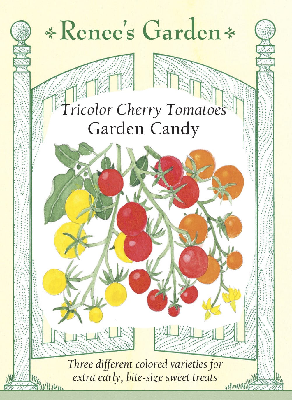 Visuel officiel de Renee's Garden pour les semences « Tomates cerises en mélange Garden Candy », référence RN5780. Ce mélange réunit ‘Sungold’, orange, ‘Sweet Gold’, jaune, et ‘Supersweet 100’, rouge. Le semencier distingue les graines vertes de ‘Sungold’, jaunes de ‘Sweet Gold’ et roses de ‘Supersweet 100’. Les plants sont hauts et produisent de nombreux petits fruits doux. Les trois variétés se suivent séparément au moment de la récolte.