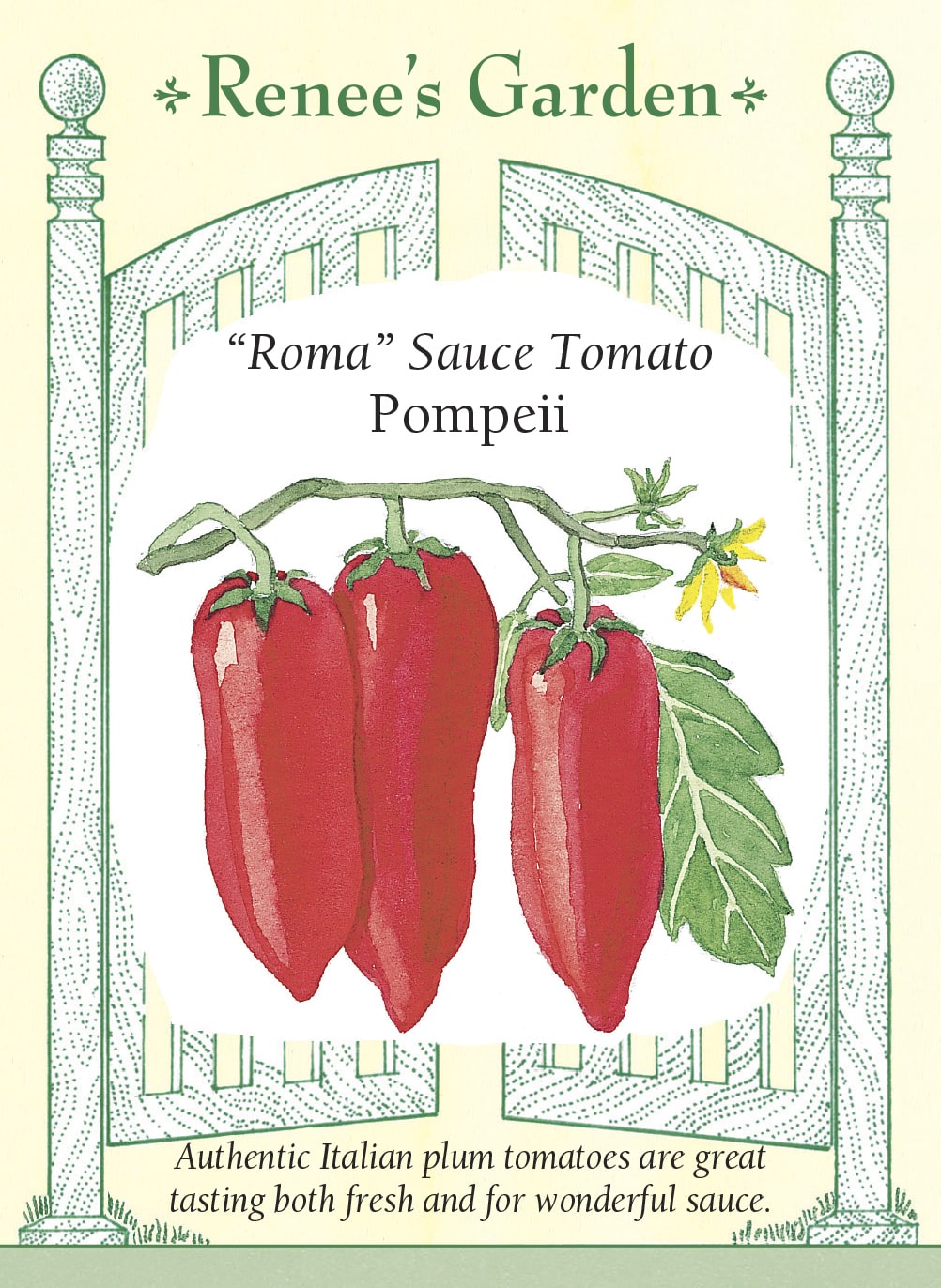 Visuel officiel de Renee's Garden pour les semences « Tomate ‘Pompeii’ », référence RN5790. Cette sélection de type Roma produit de grosses tomates allongées sur de hautes tiges productives. Le semencier décrit une chair charnue et savoureuse, adaptée aux sauces épaisses. Les fruits peuvent aussi être utilisés frais. La production est présentée comme précoce et prolongée, avec des grappes qui demandent une surveillance régulière.