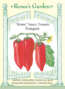 Visuel officiel de Renee's Garden pour les semences « Tomate ‘Pompeii’ », référence RN5790. Cette sélection de type Roma produit de grosses tomates allongées sur de hautes tiges productives. Le semencier décrit une chair charnue et savoureuse, adaptée aux sauces épaisses. Les fruits peuvent aussi être utilisés frais. La production est présentée comme précoce et prolongée, avec des grappes qui demandent une surveillance régulière.