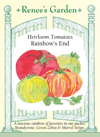 Visuel officiel de Renee's Garden pour les semences « Tomates en mélange Rainbow’s End », référence RN5795. Ce mélange réunit ‘Brandywine’, ‘Marvel Stripe’ et ‘Green Zebra’. Les graines roses correspondent à ‘Brandywine’, les non colorées à ‘Marvel Stripe’ et les vertes à ‘Green Zebra’. Les fruits diffèrent par leur taille, leur couleur et leur équilibre de saveurs. Il faut conserver l’identification de chaque plant pour suivre sa maturité.