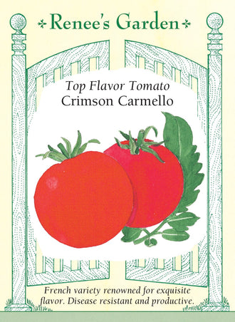 Visuel officiel de Renee's Garden pour les semences « Tomate ‘Crimson Carmello’ », référence RN5800. Cette sélection française produit de grosses tomates rondes rouges, d’environ 10 à 13 cm (4 à 5 po). Le semencier décrit une chair juteuse et un équilibre entre douceur et acidité. Les plants sont indéterminés et vigoureux. Les fruits conviennent aux tranches fraîches et aux plats où l’on souhaite une saveur de tomate marquée.