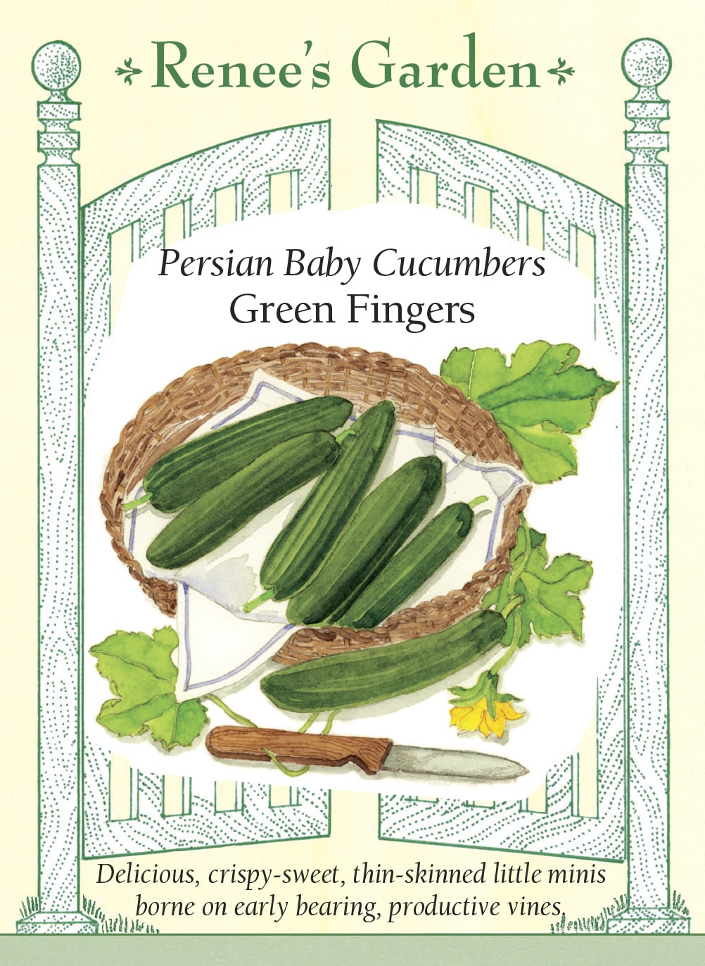 Visuel officiel de Renee's Garden pour les semences « Concombre ‘Green Fingers’ », référence RN5826. ‘Green Fingers’ produit de petits concombres lisses, à peau fine, qui se récoltent à environ 8 à 13 cm (3 à 5 po). La chair est croquante. Le semencier précise que cette sélection est parthénocarpique et qu’elle peut former des fruits sans fécondation. Les plants sont décrits comme vigoureux et précoces, avec une tolérance au blanc.
