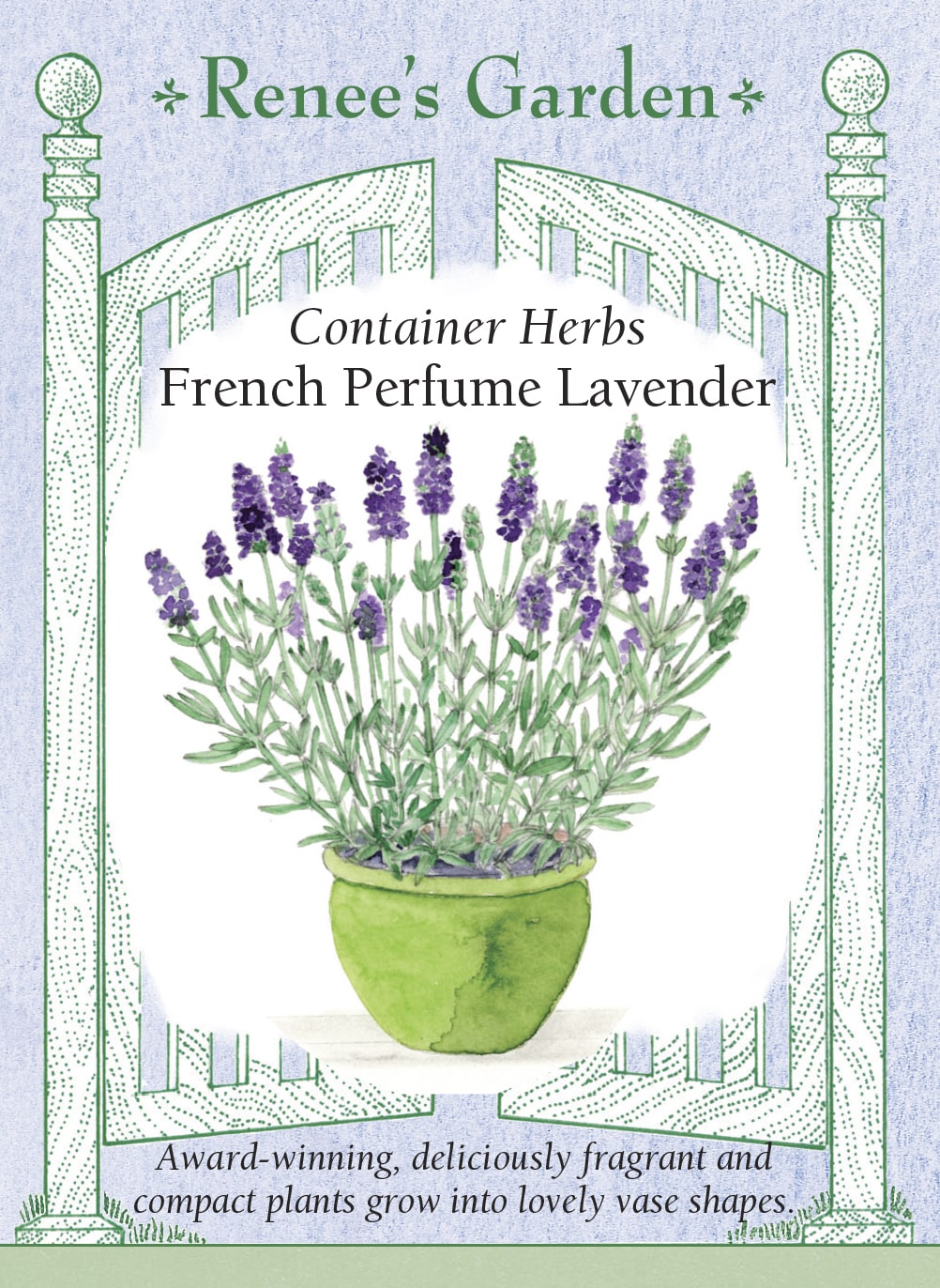 Visuel officiel de Renee's Garden associé aux semences de Lavande ‘French Perfume’, référence RN5832. Cette lavande compacte forme des plants en vase d’environ 30 à 46 cm (12 à 18 po). Le semencier indique une floraison possible dès la première année à partir du semis. Les épis pourpre foncé sont fortement parfumés. La fiche l’identifie comme Lavandula angustifolia, malgré le mot French de son nom commercial.