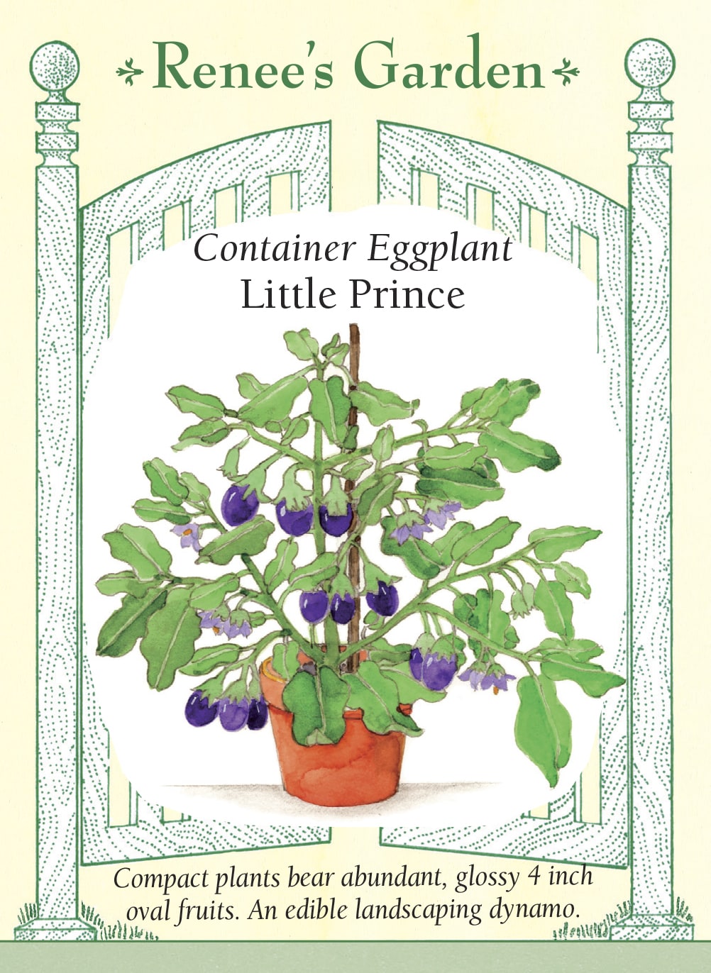 Visuel officiel de Renee's Garden pour les semences « Aubergine ‘Little Prince’ », référence RN5833. ‘Little Prince’ porte de petits fruits ovales et lustrés d’environ 8 à 10 cm (3 à 4 po). Les plants compacts possèdent des feuilles veloutées et des fleurs lavande. Le semencier recommande cette variété pour les contenants et les petits espaces. Les fruits regroupés se récoltent pour leur chair tendre, destinée à être cuisinée.