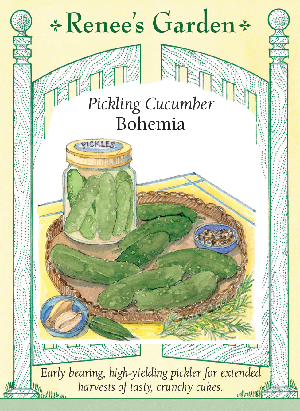 Visuel officiel de Renee's Garden pour les semences « Concombre ‘Bohemia’ », référence RN5834. Cet hybride à cornichons donne des fruits vert foncé, croquants et légèrement courbés, dont la peau présente les petites bosses typiques de ce type. Les plants sont monoïques et portent des fleurs mâles et femelles. Le semencier décrit une production précoce et prolongée. Les fruits peuvent être utilisés frais ou dans des recettes éprouvées de cornichons.