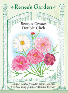 Visuel officiel de Renee's Garden associé aux semences de Cosmos en mélange Double Click, référence RN5839. Ce mélange porte des fleurs semi-doubles ou doubles de 5 à 8 cm (2 à 3 po), dans des tons rouges, roses et blancs. Les centres sont jaunes. Le semencier souligne les longues tiges et l’intérêt des fleurs pour la coupe. Le feuillage fin apporte un contraste avec les corolles fournies.