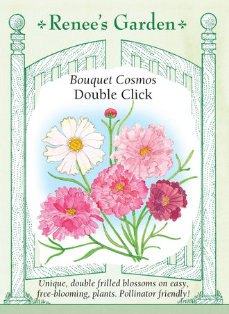 Visuel officiel de Renee's Garden associé aux semences de Cosmos en mélange Double Click, référence RN5839. Ce mélange porte des fleurs semi-doubles ou doubles de 5 à 8 cm (2 à 3 po), dans des tons rouges, roses et blancs. Les centres sont jaunes. Le semencier souligne les longues tiges et l’intérêt des fleurs pour la coupe. Le feuillage fin apporte un contraste avec les corolles fournies.