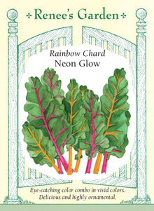 Visuel officiel de Renee's Garden pour les semences « Bette à carde en mélange Neon Glow », référence RN5845. Ce mélange met en valeur des côtes magenta et dorées sous des feuilles vert foncé, gaufrées. Le semencier décrit une saveur douce et un intérêt décoratif qui permet d’utiliser les plants dans les plates-bandes comme au potager. Les couleurs se répartissent entre les plants; il ne faut donc pas attendre exactement la même apparence de chaque semis.