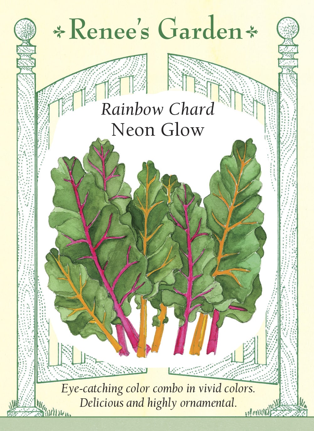 Visuel officiel de Renee's Garden pour les semences « Bette à carde en mélange Neon Glow », référence RN5845. Ce mélange met en valeur des côtes magenta et dorées sous des feuilles vert foncé, gaufrées. Le semencier décrit une saveur douce et un intérêt décoratif qui permet d’utiliser les plants dans les plates-bandes comme au potager. Les couleurs se répartissent entre les plants; il ne faut donc pas attendre exactement la même apparence de chaque semis.