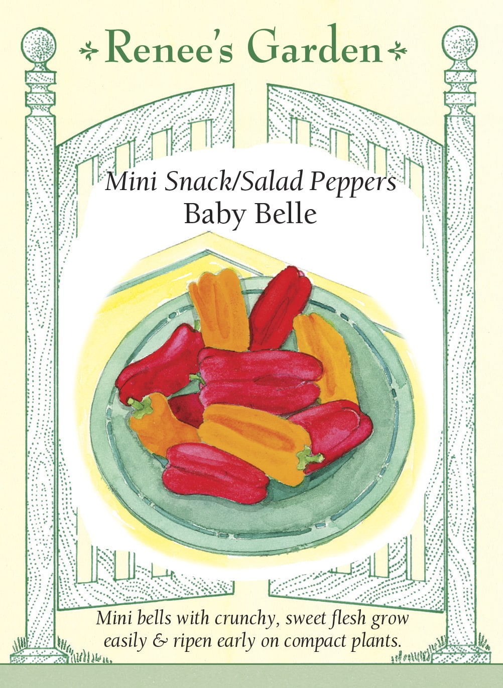 Visuel officiel de Renee's Garden pour les semences « Mini-poivrons en mélange Baby Belle », référence RN5849. Ce mélange contient environ la moitié de mini-poivrons rouges et la moitié de mini-poivrons orange. Les fruits de petit calibre offrent une saveur douce et une texture croquante. Le semencier recommande les plants compacts pour les contenants ou les planches potagères. Les petits fruits conviennent aux collations et aux salades.