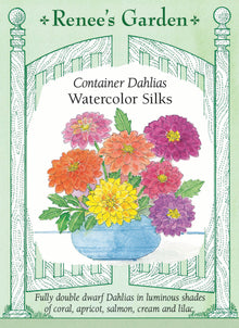 Visuel officiel de Renee's Garden associé aux semences de Dahlias en mélange Watercolor Silks, référence RN5851. Ce mélange de dahlias nains produit des fleurs doubles aux tons corail, abricot, saumon, crème et lilas. Les plants atteignent environ 45 à 60 cm (1,5 à 2 pi). Le semencier les propose pour les bordures, les grands pots et les bouquets. Les plants sont obtenus à partir de graines.