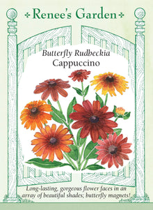 Visuel officiel de Renee's Garden associé aux semences de Rudbeckies en mélange Cappuccino, référence RN5853. Les grandes fleurs présentent des combinaisons de rouge, de jaune, d’acajou et de brun roux. Cette sélection peut fleurir dès la première saison à partir du semis. Les fleurs attirent les papillons et se prêtent à la coupe pour les bouquets.