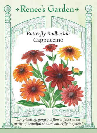 Visuel officiel de Renee's Garden associé aux semences de Rudbeckies en mélange Cappuccino, référence RN5853. Les grandes fleurs présentent des combinaisons de rouge, de jaune, d’acajou et de brun roux. Cette sélection peut fleurir dès la première saison à partir du semis. Les fleurs attirent les papillons et se prêtent à la coupe pour les bouquets.