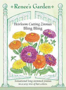 Visuel officiel de Renee's Garden associé aux semences de Zinnias en mélange Bling Bling, référence RN5855. Ce mélange associe des fleurs doubles orange vif, jaune lumineux et violet pourpre. Les plantes ramifiées atteignent environ 1,1 m (3½ pi). Leurs longues tiges fournissent des fleurs à couper aux couleurs contrastantes. Cette image accompagne la fiche de cette sélection et permet de repérer le produit correspondant dans le catalogue de semences.