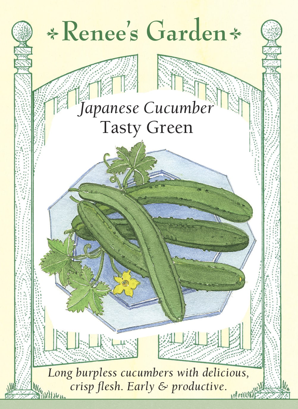 Visuel officiel de Renee's Garden pour les semences « Concombre ‘Tasty Green’ », référence RN5860. Ce concombre de type japonais produit des fruits minces d’environ 25 à 30 cm (10 à 12 po). Leur peau est fine et leur chair juteuse, croquante et douce. Les tiges sont décrites comme vigoureuses et précoces. La variété est monoïque. Les longs fruits se prêtent aux salades et aux tranches fraîches, sans nécessiter systématiquement l’épluchage d’une peau tendre.