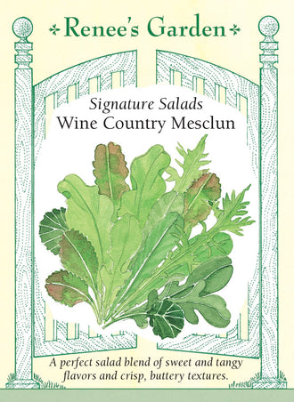 Visuel officiel de Renee's Garden pour les semences « Mesclun Wine Country », référence RN5862. Ce mesclun associe huit laitues à de la roquette, des épinards, trois verdures asiatiques et deux bettes à carde, selon le semencier. Les feuilles offrent un mélange de couleurs, de textures et de saveurs douces ou relevées. La récolte se fait au stade de jeunes feuilles.