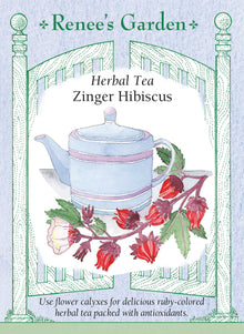 Visuel officiel de Renee's Garden associé aux semences de Roselle ‘Zinger’, référence RN5867. Cette roselle appartient à Hibiscus sabdariffa. Elle porte des feuilles lobées et des fleurs crème, suivies de calices charnus en forme de goutte. Le semencier propose de récolter et de sécher les calices pour une infusion rouge rubis, à saveur acidulée rappelant la canneberge. La partie utilisée doit être distinguée des pétales.