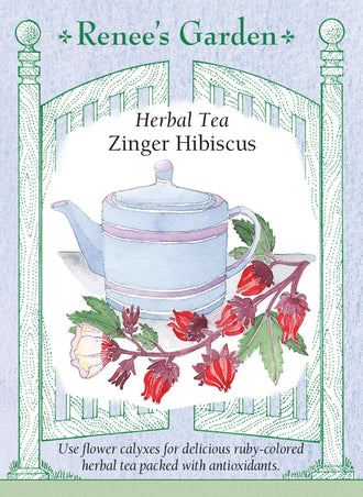 Visuel officiel de Renee's Garden associé aux semences de Roselle ‘Zinger’, référence RN5867. Cette roselle appartient à Hibiscus sabdariffa. Elle porte des feuilles lobées et des fleurs crème, suivies de calices charnus en forme de goutte. Le semencier propose de récolter et de sécher les calices pour une infusion rouge rubis, à saveur acidulée rappelant la canneberge. La partie utilisée doit être distinguée des pétales.