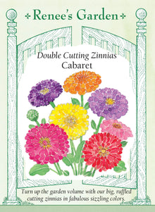 Visuel officiel de Renee's Garden associé aux semences de Zinnias en mélange Cabaret, référence RN5871. Ce mélange de grandes fleurs doubles présente des tons rose vif, pourpres, lilas, magenta, orange soutenu et jaunes. Les plantes ramifiées produisent de longues tiges. Les fleurs peuvent être cueillies pour composer des bouquets colorés. Cette image accompagne la fiche de cette sélection et permet de repérer le produit correspondant dans le catalogue de semences.
