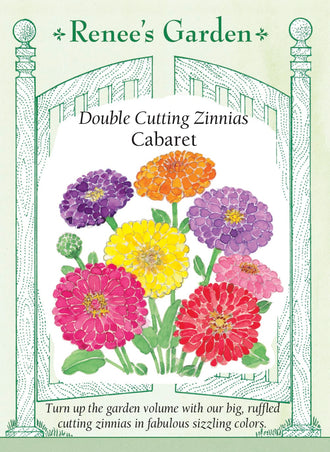 Visuel officiel de Renee's Garden associé aux semences de Zinnias en mélange Cabaret, référence RN5871. Ce mélange de grandes fleurs doubles présente des tons rose vif, pourpres, lilas, magenta, orange soutenu et jaunes. Les plantes ramifiées produisent de longues tiges. Les fleurs peuvent être cueillies pour composer des bouquets colorés. Cette image accompagne la fiche de cette sélection et permet de repérer le produit correspondant dans le catalogue de semences.