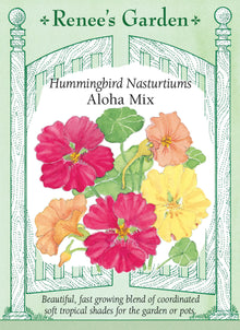 Visuel officiel de Renee's Garden associé aux semences de Capucines en mélange Aloha, référence RN5874. Ce mélange réunit des fleurs abricot, crème, jaune tendre et rose sur un feuillage arrondi. Son port souple convient aux bordures, aux pots et aux jardinières. Les fleurs et les feuilles sont comestibles et possèdent une saveur poivrée rappelant celle du cresson.