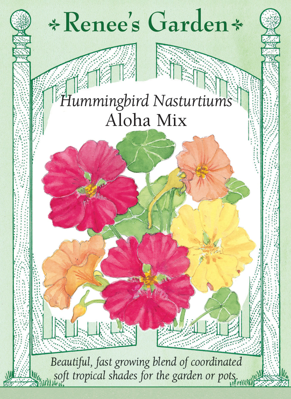 Visuel officiel de Renee's Garden associé aux semences de Capucines en mélange Aloha, référence RN5874. Ce mélange réunit des fleurs abricot, crème, jaune tendre et rose sur un feuillage arrondi. Son port souple convient aux bordures, aux pots et aux jardinières. Les fleurs et les feuilles sont comestibles et possèdent une saveur poivrée rappelant celle du cresson.