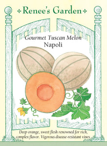 Visuel officiel de Renee's Garden pour les semences « Melon ‘Napoli’ », référence RN5877. Ce melon italien forme des fruits à peau réticulée d’environ 0,9 à 1,4 kg (2 à 3 lb). La chair orange foncé entoure une petite cavité à graines. Le semencier souligne une maturation précoce, une saveur douce et un parfum complexe. Les fruits conviennent aux collations et aux desserts frais.