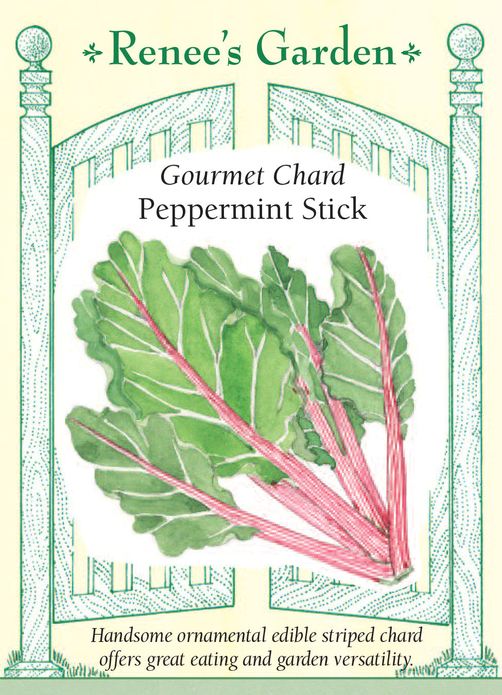 Visuel officiel de Renee's Garden pour les semences « Bette à carde ‘Peppermint Stick’ », référence RN5879. Les côtes roses et blanches de cette bette à carde forment des rayures qui contrastent avec ses feuilles vert vif. Le semencier propose de récolter certaines feuilles jeunes, puis de laisser les plants prendre du volume. Il souligne aussi une bonne tenue par temps chaud. Le feuillage permet d’intégrer cette plante comestible à une planche potagère ou à un aménagement décoratif.