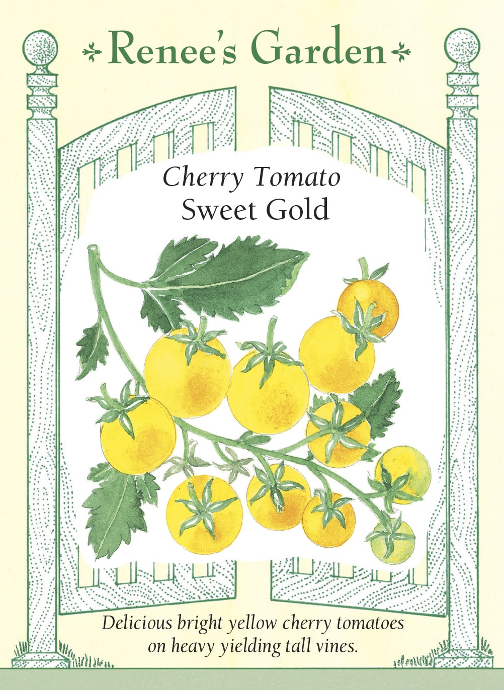 Visuel officiel de Renee's Garden pour les semences « Tomate cerise ‘Sweet Gold’ », référence RN5880. Cette tomate cerise porte des fruits jaune doré lustrés, d’environ 2,5 cm (1 po) de diamètre. Le semencier décrit une saveur douce et développée. Les plants indéterminés sont vigoureux et produisent des grappes sur une période prolongée. Les petits fruits conviennent aux collations et aux salades.
