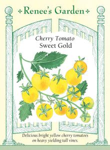 Visuel officiel de Renee's Garden pour les semences « Tomate cerise ‘Sweet Gold’ », référence RN5880. Cette tomate cerise porte des fruits jaune doré lustrés, d’environ 2,5 cm (1 po) de diamètre. Le semencier décrit une saveur douce et développée. Les plants indéterminés sont vigoureux et produisent des grappes sur une période prolongée. Les petits fruits conviennent aux collations et aux salades.