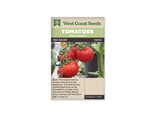 Sachet West Coast Seeds portant les mentions Tomatoes, Main Season et Red Racer. La photo montre des tomates rouges rondes sur une tige, avec leurs calices verts et du feuillage en arrière-plan. Le nom est écrit sur une bande sombre. Les bandeaux verts et le logo de la marque occupent le haut du sachet.
