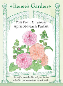 Visuel officiel de Renee's Garden associé aux semences de Roses trémières en mélange Apricot-Peach Parfait, référence RN5924. Ce mélange porte de grosses fleurs doubles abricot et pêche rosé, de 8 à 10 cm (3 à 4 po). Les hampes atteignent environ 1,5 à 2,1 m (5 à 7 pi). Le semencier le propose en fond de plate-bande ou près d’une clôture. Les fleurs s’ouvrent progressivement le long des tiges.