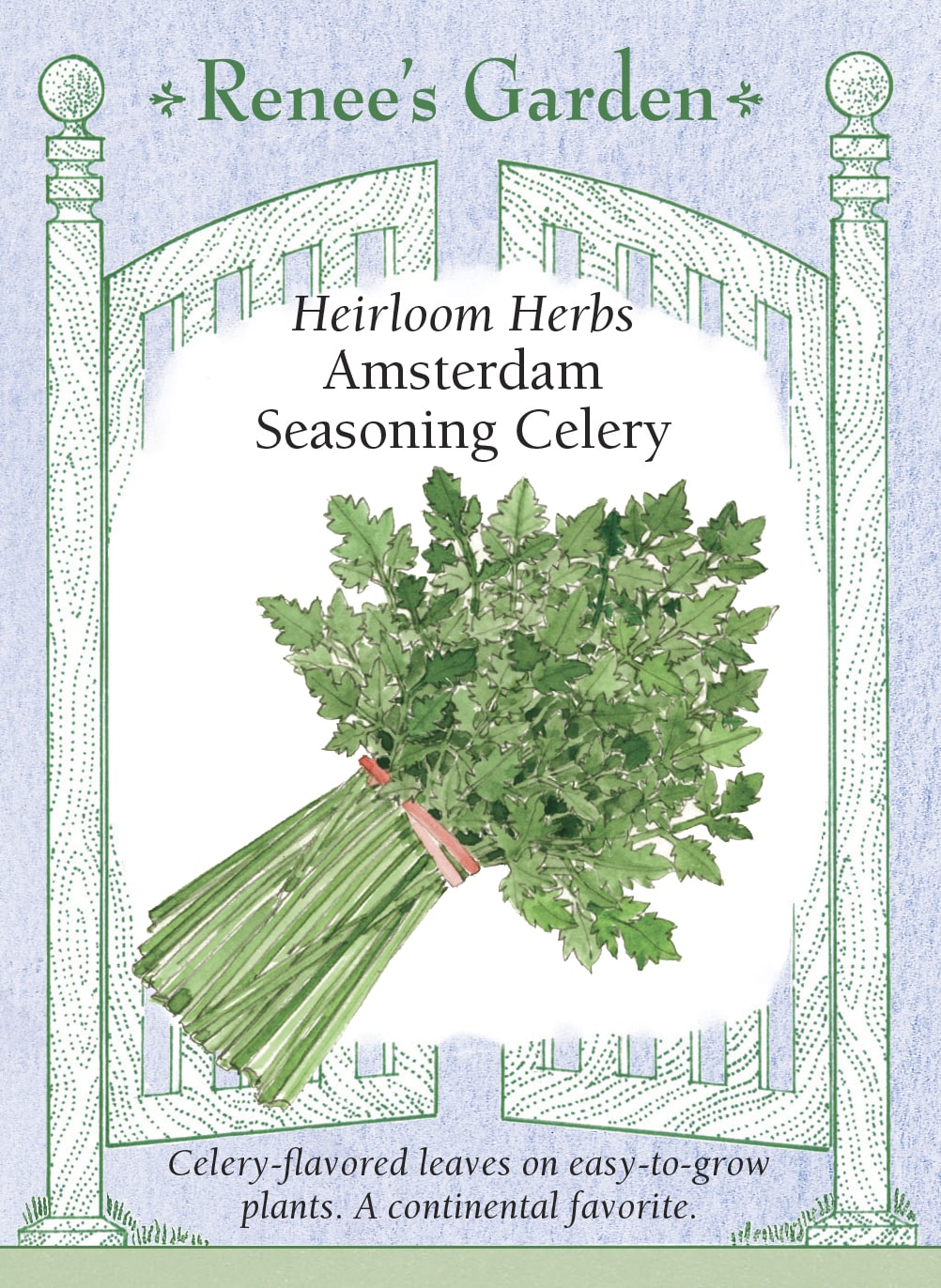 Visuel officiel de Renee's Garden associé aux semences de Céleri à couper d’Amsterdam, référence RN5926. Ce céleri se cultive pour ses feuilles lustrées et aromatiques, plutôt que pour de gros pétioles. Son apparence rappelle celle d’un persil italien développé. Le semencier décrit une saveur prononcée de céleri. Les feuilles peuvent aromatiser les soupes et les mijotés, ou être séchées pour un usage ultérieur.
