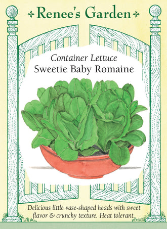 Visuel officiel de Renee's Garden pour les semences « Laitue ‘Sweetie Baby’ », référence RN5931. Cette mini romaine forme des pommes vertes en forme de vase, hautes d’environ 15 à 20 cm (6 à 8 po). Le semencier décrit une texture croquante et une saveur douce. Son port compact convient aux contenants et aux petits espaces. Les pommes peuvent être récoltées pour les salades individuelles ou les garnitures de sandwichs.