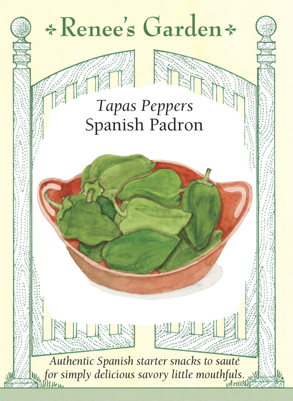 Visuel officiel de Renee's Garden pour les semences « Piment ‘Padrón’ », référence RN5934. Cette sélection espagnole se récolte principalement en petits fruits, destinés notamment à être saisis rapidement à la poêle. Le semencier décrit une production précoce et prolongée. Le nom « poivron doux » de la liste commerciale ne garantit pas que tous les fruits soient exempts de piquant; la saveur doit être appréciée fruit par fruit.