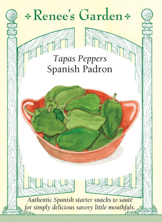 Visuel officiel de Renee's Garden pour les semences « Piment ‘Padrón’ », référence RN5934. Cette sélection espagnole se récolte principalement en petits fruits, destinés notamment à être saisis rapidement à la poêle. Le semencier décrit une production précoce et prolongée. Le nom « poivron doux » de la liste commerciale ne garantit pas que tous les fruits soient exempts de piquant; la saveur doit être appréciée fruit par fruit.