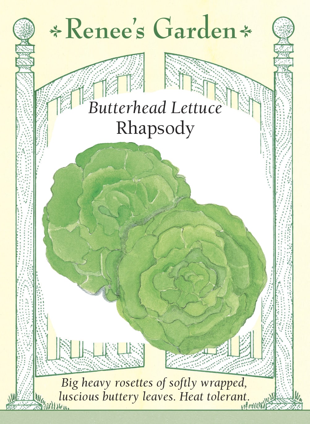 Visuel officiel de Renee's Garden pour les semences « Laitue ‘Rhapsody’ », référence RN5939. ‘Rhapsody’ est une laitue pommée dont les grandes rosettes portent des feuilles souplement repliées. Le semencier met en avant leur texture délicate, satinée, et leur saveur douce. Le feuillage se prête aux salades où l’on souhaite une feuille tendre plutôt qu’une côte très rigide. La pomme se développe en prenant progressivement du volume.