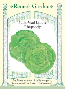 Visuel officiel de Renee's Garden pour les semences « Laitue ‘Rhapsody’ », référence RN5939. ‘Rhapsody’ est une laitue pommée dont les grandes rosettes portent des feuilles souplement repliées. Le semencier met en avant leur texture délicate, satinée, et leur saveur douce. Le feuillage se prête aux salades où l’on souhaite une feuille tendre plutôt qu’une côte très rigide. La pomme se développe en prenant progressivement du volume.