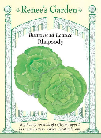 Visuel officiel de Renee's Garden pour les semences « Laitue ‘Rhapsody’ », référence RN5939. ‘Rhapsody’ est une laitue pommée dont les grandes rosettes portent des feuilles souplement repliées. Le semencier met en avant leur texture délicate, satinée, et leur saveur douce. Le feuillage se prête aux salades où l’on souhaite une feuille tendre plutôt qu’une côte très rigide. La pomme se développe en prenant progressivement du volume.