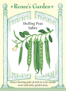 Visuel officiel de Renee's Garden pour les semences « Pois à écosser ‘Sabre’ », référence RN5941. Les tiges de ‘Sabre’ atteignent environ 75 à 90 cm (2,5 à 3 pi). Elles portent des gousses souvent par paires, contenant chacune environ 10 à 12 pois selon le semencier. Les grains sont décrits comme tendres et doux. Cette variété se récolte pour les pois écossés, plutôt que pour consommer la gousse entière.