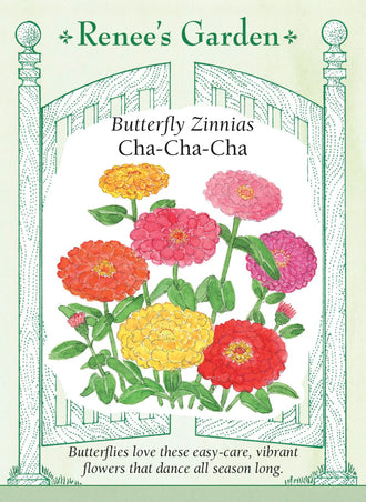 Visuel officiel de Renee's Garden associé aux semences de Zinnias en mélange Cha-Cha-Cha, référence RN5950. Les fleurs doubles associent le rouge soutenu, le doré, le rose cerise, l’orange, le jaune et le rose. Les plantes atteignent environ 60 à 75 cm (2 à 2½ pi). Leur format convient aux bordures basses et aux contenants.
