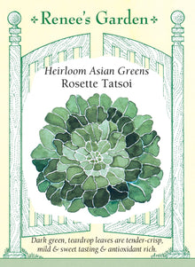 Visuel officiel de Renee's Garden pour les semences « Tatsoï en rosette », référence RN5955. Cette verdure asiatique forme des rosettes plates de feuilles vert foncé en forme de goutte. Les plants adultes peuvent atteindre environ 30 cm (12 po) de diamètre, selon le semencier. Les feuilles sont tendres, charnues et douces. Leur port très bas distingue cette sélection des légumes-feuilles à développement dressé.