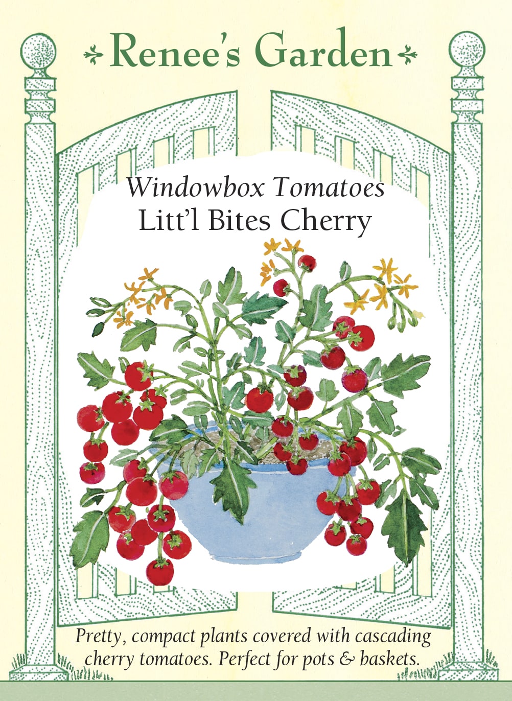 Visuel officiel de Renee's Garden pour les semences « Tomate cerise ‘Litt’l Bites’ », référence RN5958. Cette tomate compacte forme une masse de feuillage d’environ 50 cm (20 po) de largeur et 30 cm (12 po) de hauteur. Des grappes retombantes portent de petits fruits doux. Le semencier la recommande pour les paniers suspendus et les contenants. Son port doit être distingué de celui des grandes tomates grimpantes.