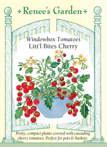 Visuel officiel de Renee's Garden pour les semences « Tomate cerise ‘Litt’l Bites’ », référence RN5958. Cette tomate compacte forme une masse de feuillage d’environ 50 cm (20 po) de largeur et 30 cm (12 po) de hauteur. Des grappes retombantes portent de petits fruits doux. Le semencier la recommande pour les paniers suspendus et les contenants. Son port doit être distingué de celui des grandes tomates grimpantes.