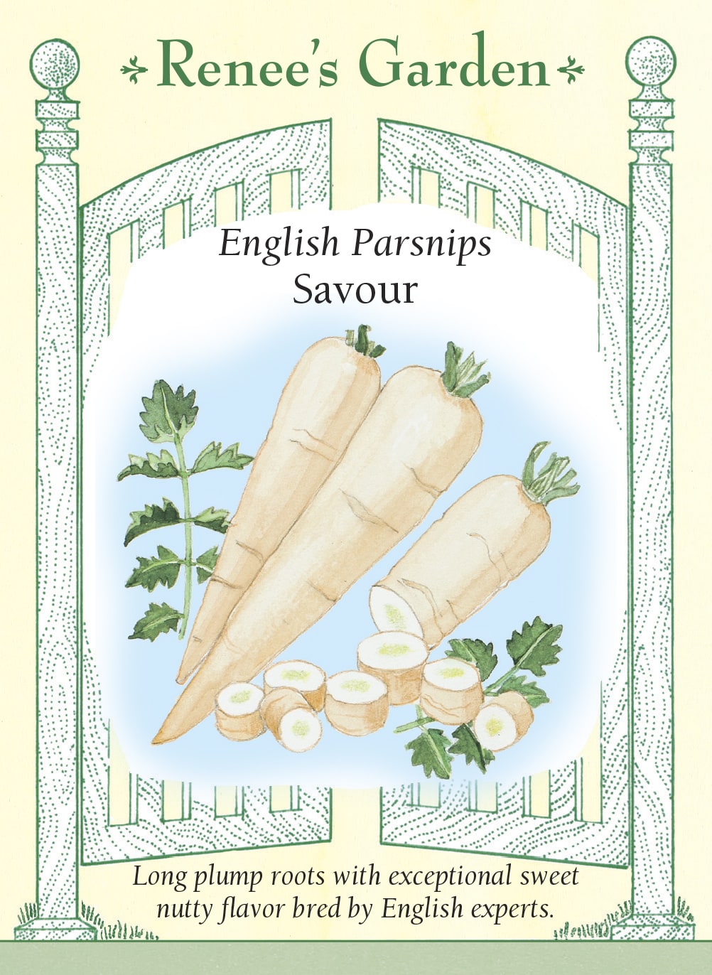 Visuel officiel de Renee's Garden pour les semences « Panais ‘Savour’ », référence RN5959. Ce panais développe de longues racines blanches, d’environ 25 à 30 cm (10 à 12 po), à peau lisse. Le semencier décrit une saveur douce et terreuse ainsi qu’une bonne tenue en terre avant la récolte. Les racines se prêtent aux soupes, aux légumes sautés et à la cuisson au four.
