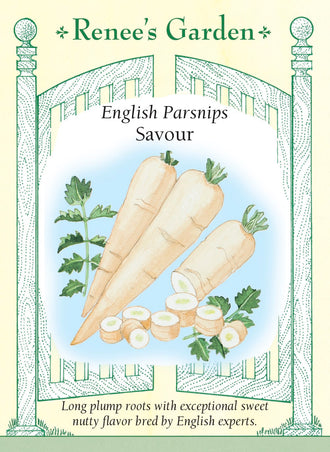 Visuel officiel de Renee's Garden pour les semences « Panais ‘Savour’ », référence RN5959. Ce panais développe de longues racines blanches, d’environ 25 à 30 cm (10 à 12 po), à peau lisse. Le semencier décrit une saveur douce et terreuse ainsi qu’une bonne tenue en terre avant la récolte. Les racines se prêtent aux soupes, aux légumes sautés et à la cuisson au four.