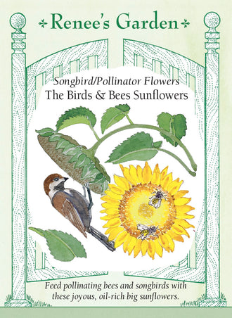 Visuel officiel de Renee's Garden associé aux semences de Tournesol Birds and Bees, référence RN5962. Les plantes atteignent environ 1,8 à 2,4 m (6 à 8 pi). Les fleurs jaune doré au centre chocolat fournissent du pollen et du nectar aux insectes. Les graines noires mûres sont riches en huile et peuvent être laissées aux oiseaux.